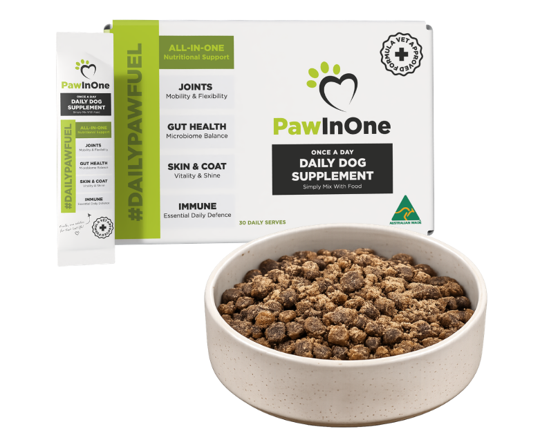 PawInOne box and a bowl of food with the daily sachet