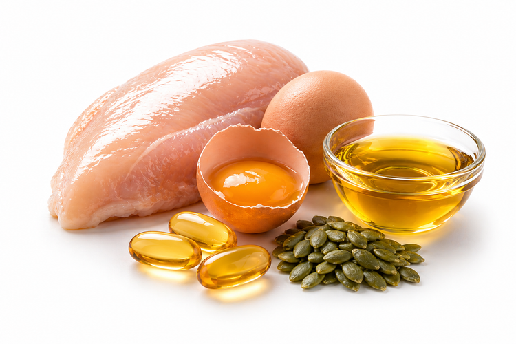 Egg, omega-3 oil and seeds for skin and coat
